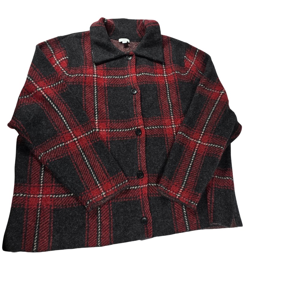 J.Jill Red Charcoal Grey Plaid Wool Blend Button Front Cardigan Sweater 3X